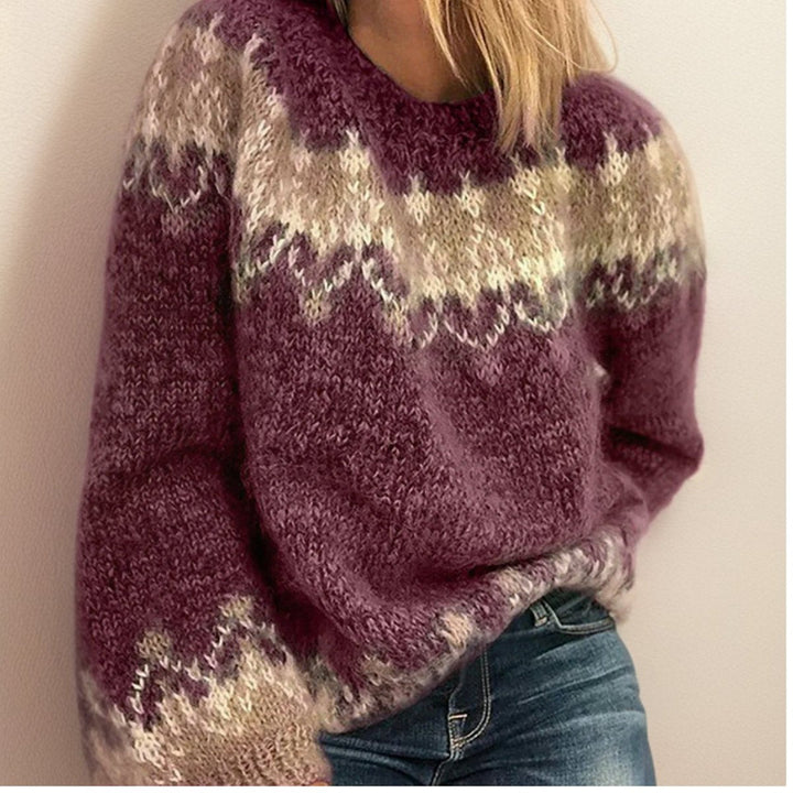 Astrid Nordic pattern knit sweater in burgundy, front view