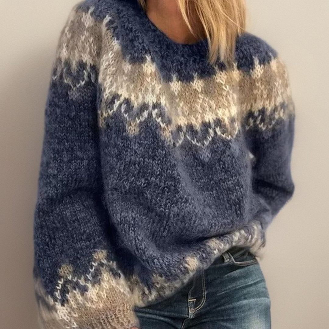 Astrid Nordic pattern knit sweater in navy blue, front view