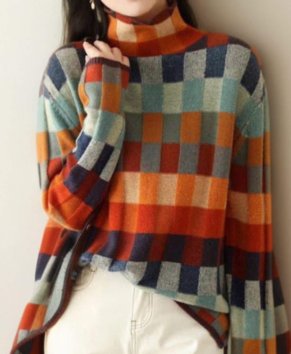 Beatrix checkered turtleneck sweater, front view close-up