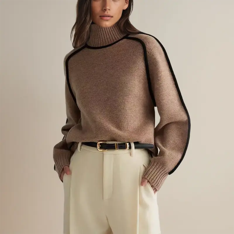 Beatrix contrast trim turtleneck fall sweater in brown, front view with belted trousers