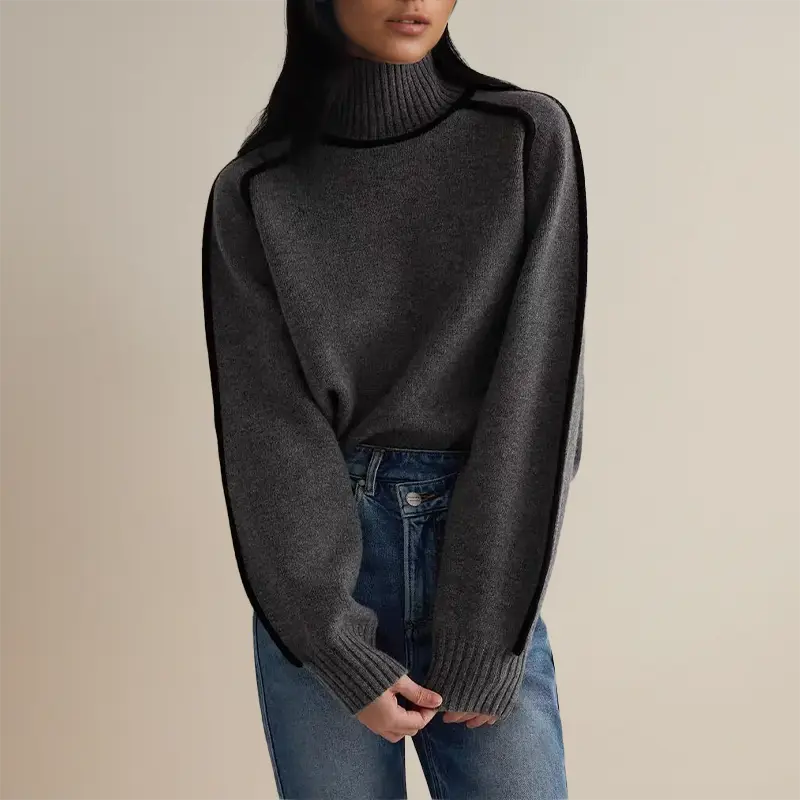 Beatrix contrast trim turtleneck fall sweater in gray, front view with denim jeans