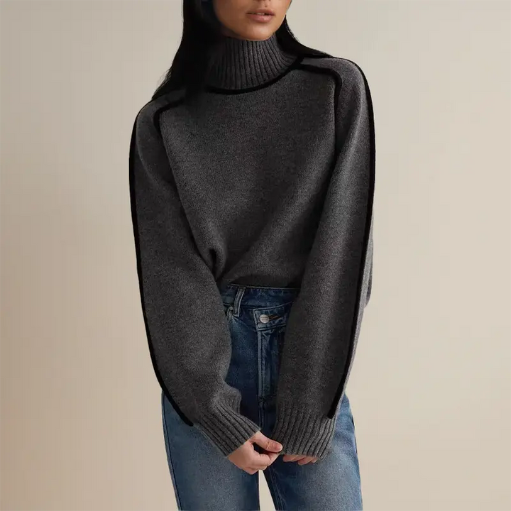 Beatrix contrast trim turtleneck fall sweater in gray, front view with denim jeans