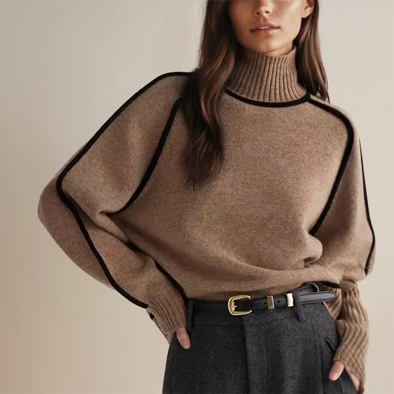 Beatrix contrast trim turtleneck fall sweater in brown, close-up front view