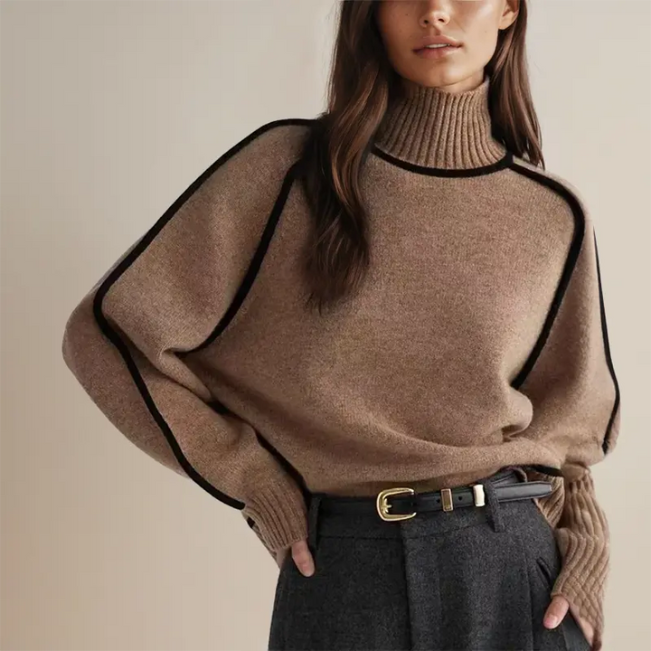 Beatrix contrast trim turtleneck fall sweater in brown, close-up front view