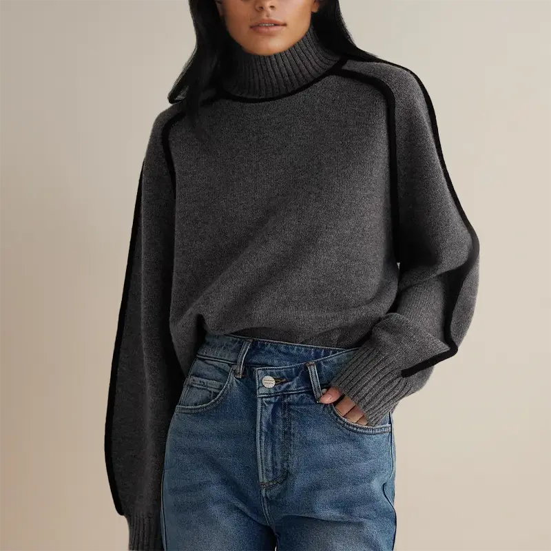 Beatrix contrast trim turtleneck fall sweater in gray, close-up front view