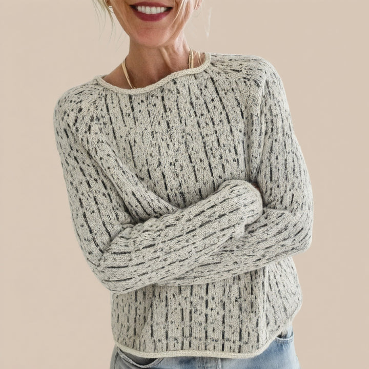 Beatrix textured knit crew neck sweater, front view smiling
