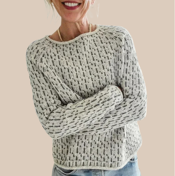 Beatrix textured knit crew neck sweater, front view smiling