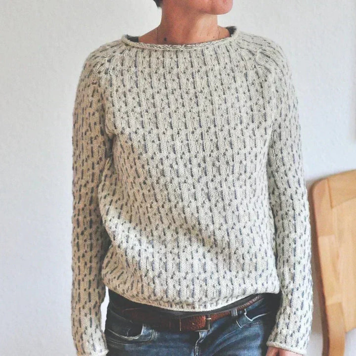 Beatrix cozy textured knit sweater with jeans, front view