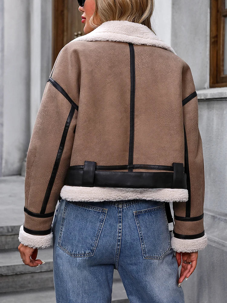 Beatrix cropped shearling coat, back view showing collar and belt