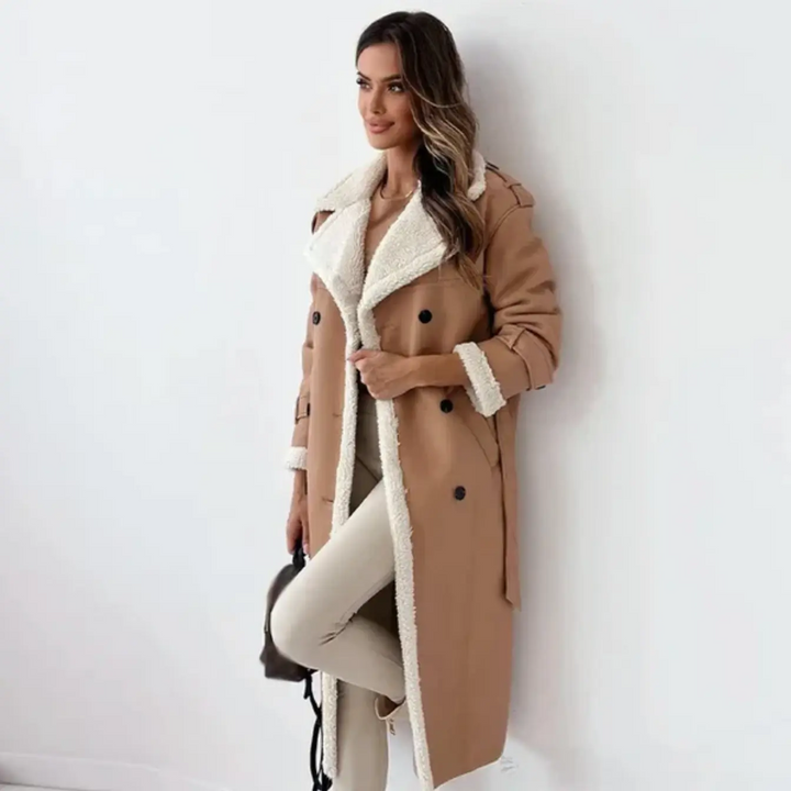Beatrix belted shearling coat with double-breasted front, side view