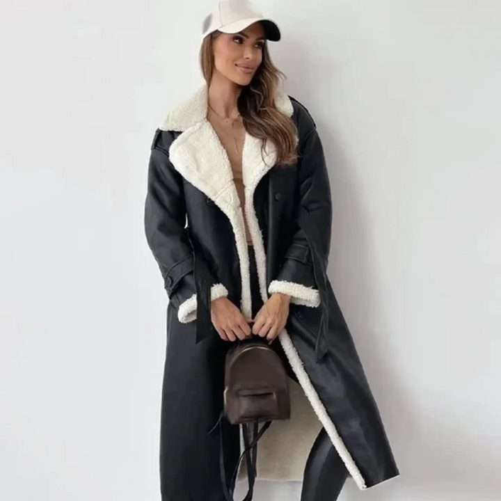 Beatrix shearling coat in black with baseball cap, front view