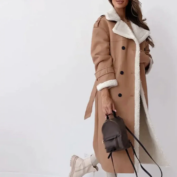 Beatrix long shearling coat close-up on double-breasted buttons