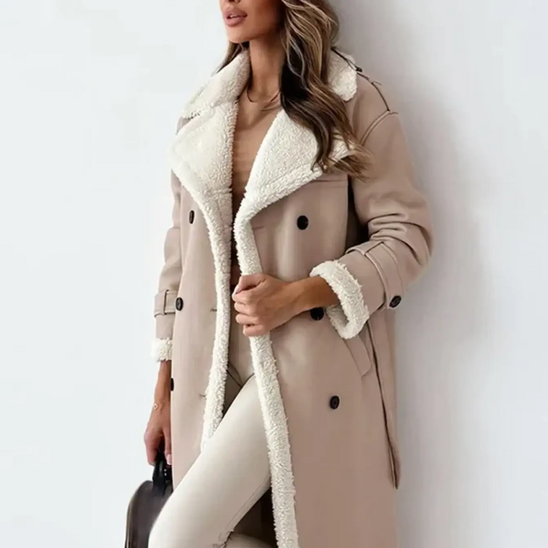 Beatrix belted shearling coat close-up on lapel and cuff detail