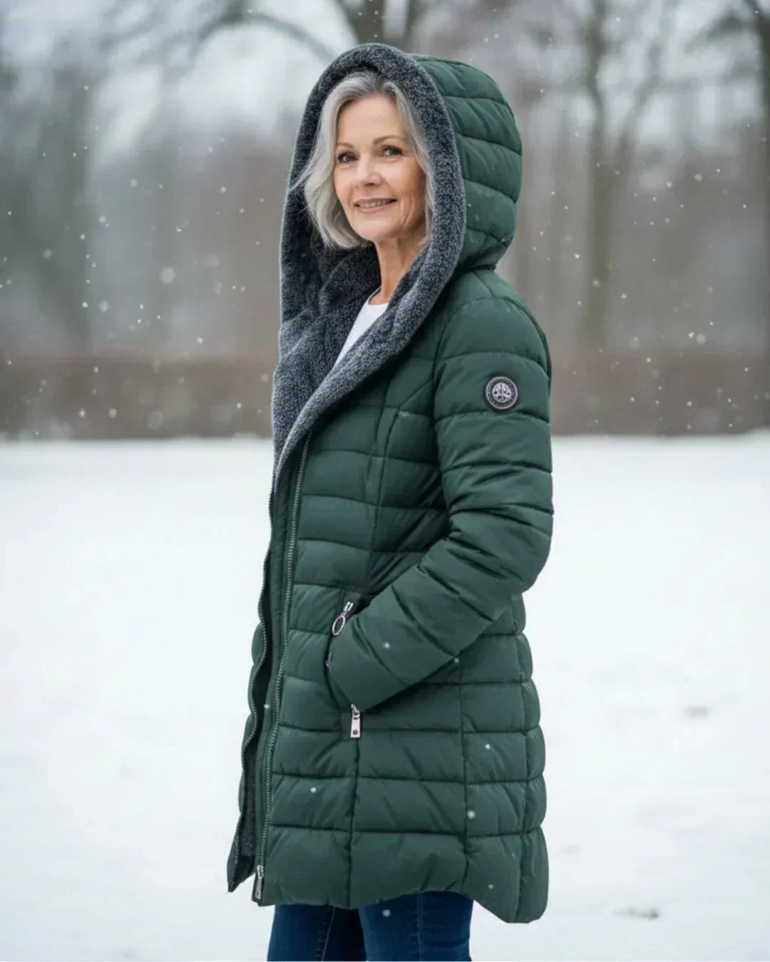 Beatrix hooded long puffer jacket in black, front view outdoors