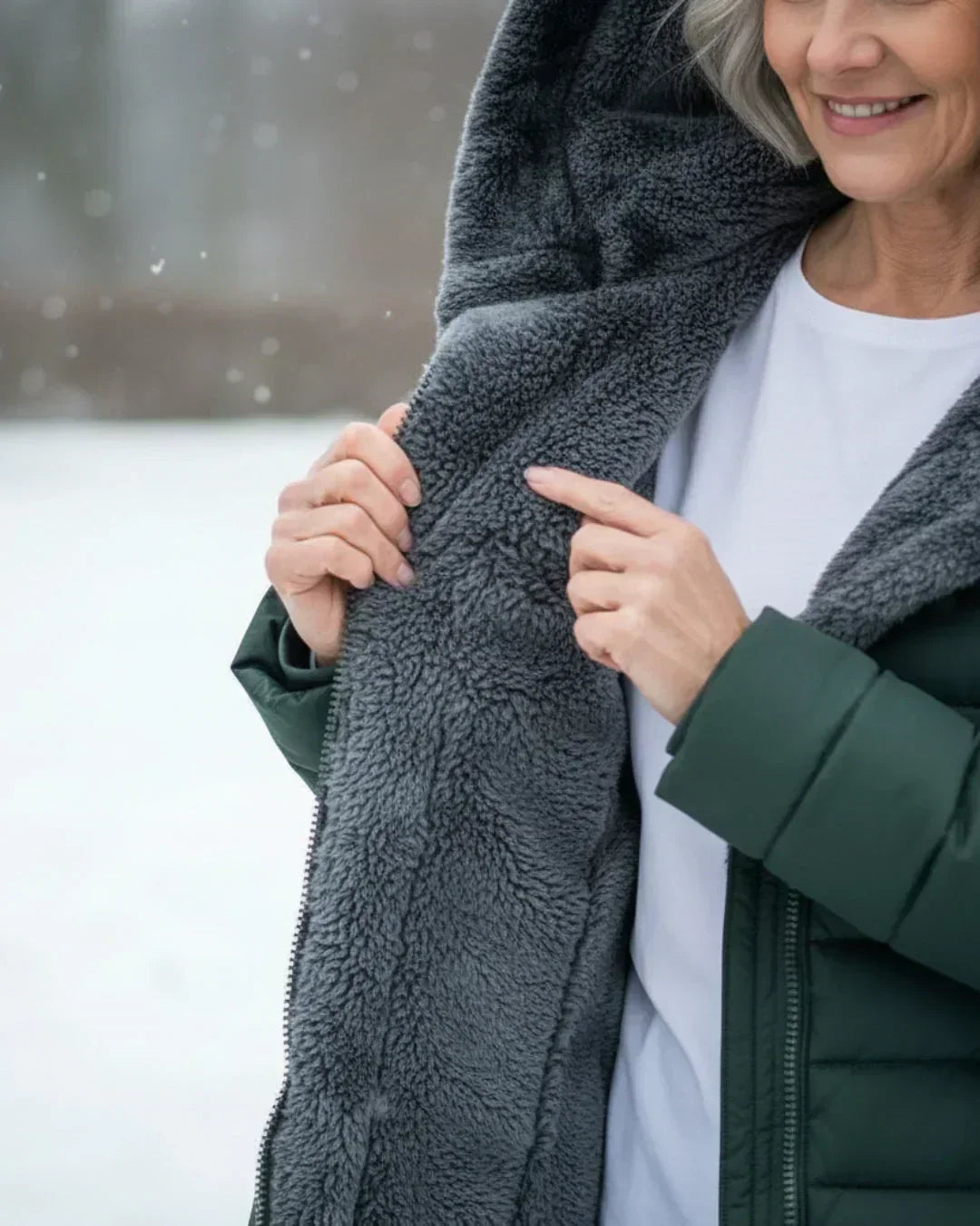 Beatrix hooded long puffer jacket in black, front view outdoors