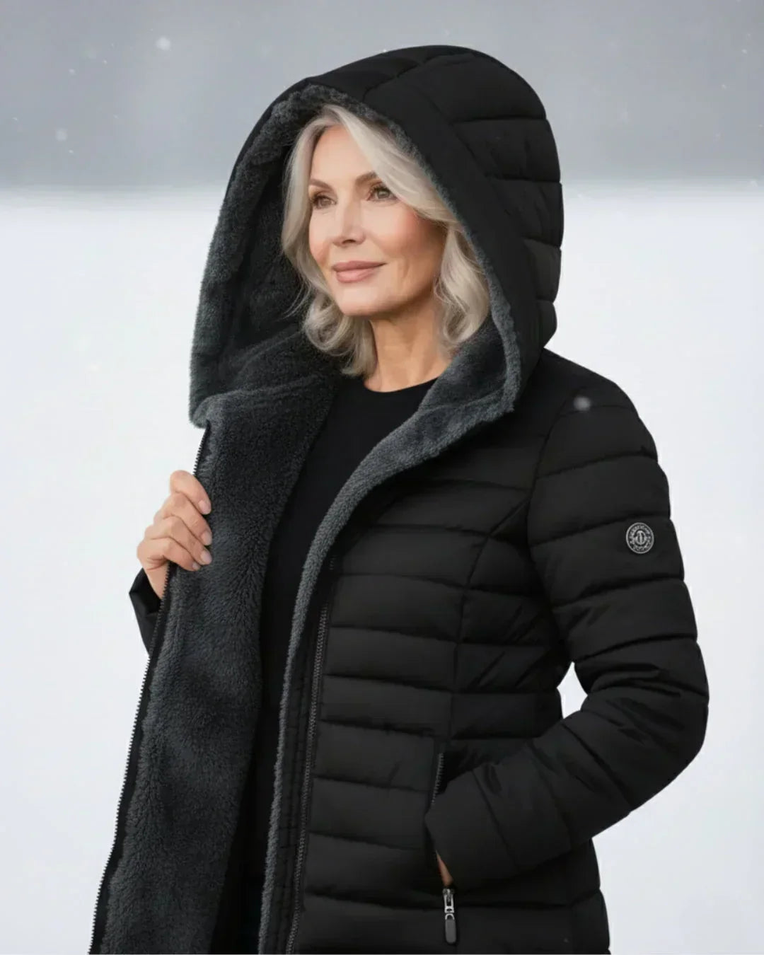 Beatrix hooded long puffer jacket in black, front view outdoors