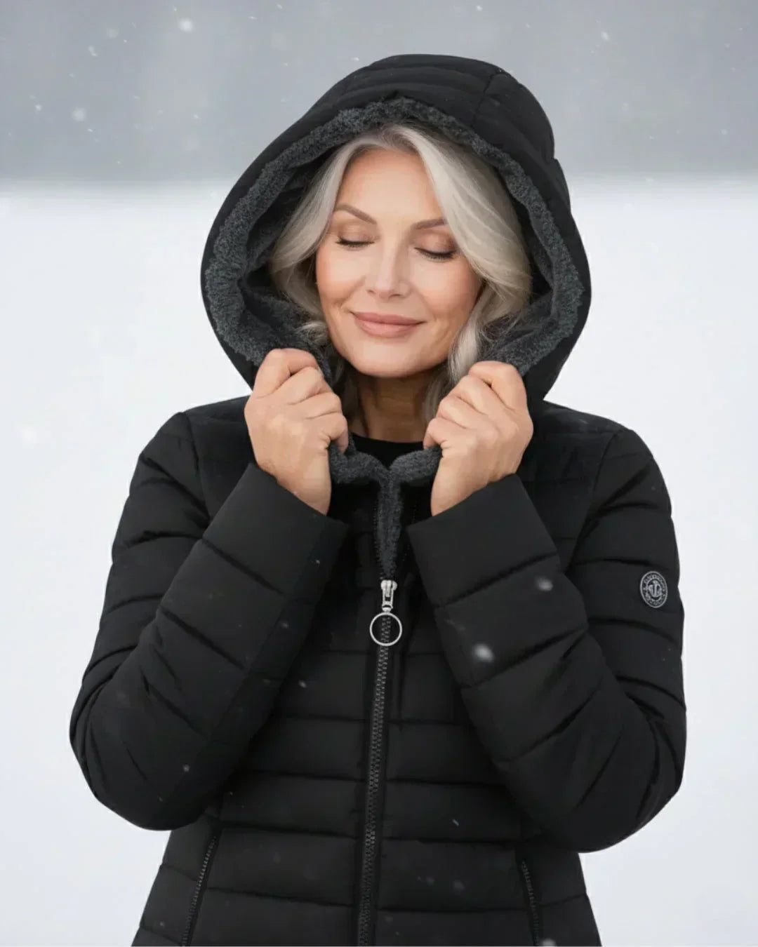 Beatrix hooded long puffer jacket in black, front view outdoors