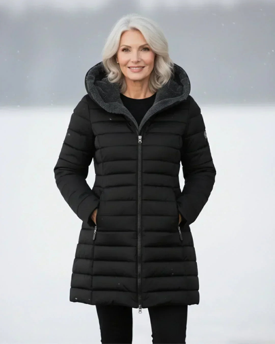 Beatrix hooded long puffer jacket in black, front view outdoors