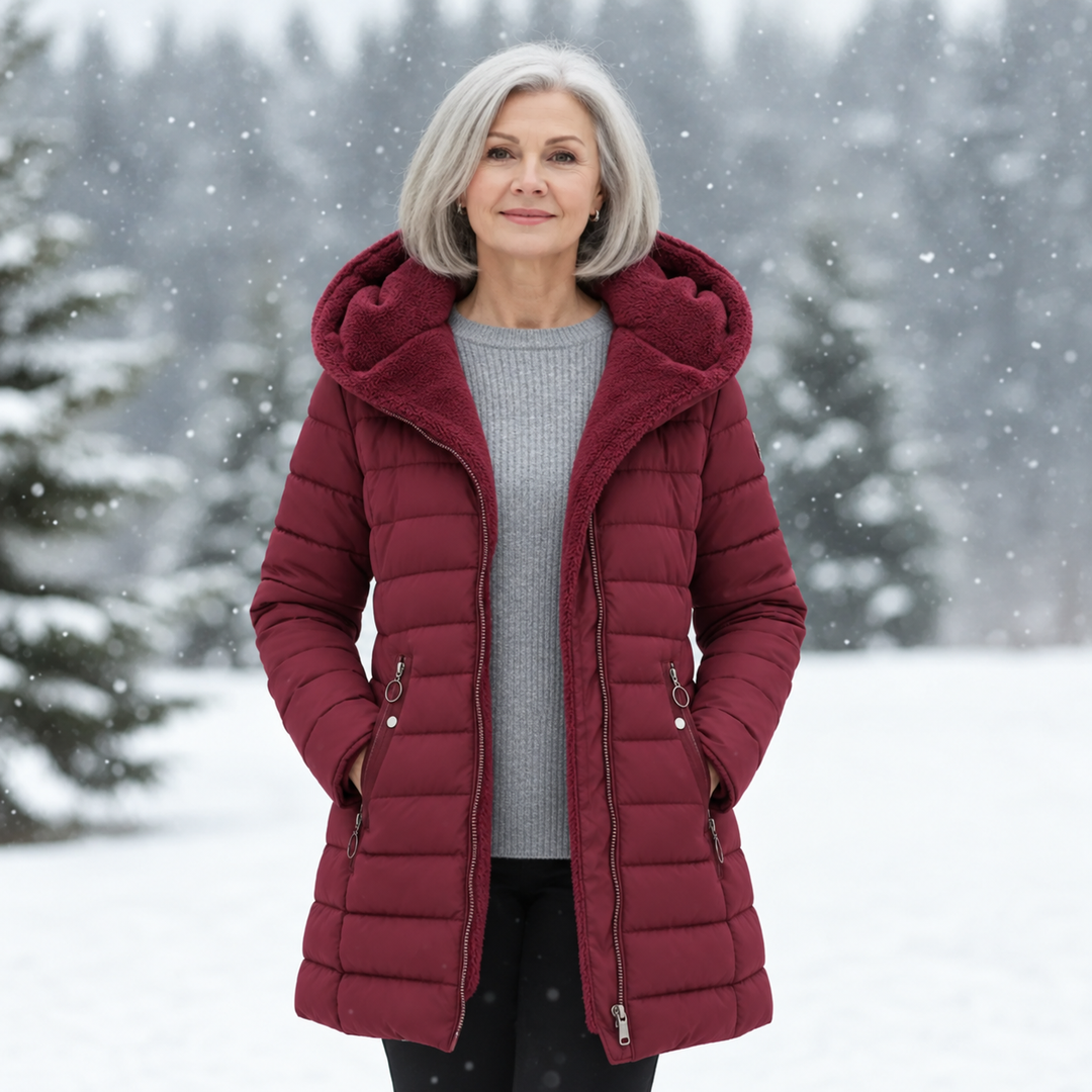 Beatrix hooded long puffer jacket in black, front view outdoors