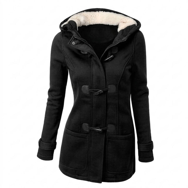 Beatrix hooded toggle wool blend coat, front view on white background