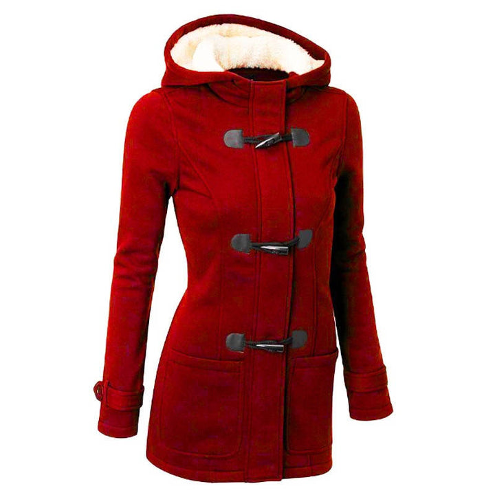 Beatrix hooded coat in claret red, front view
