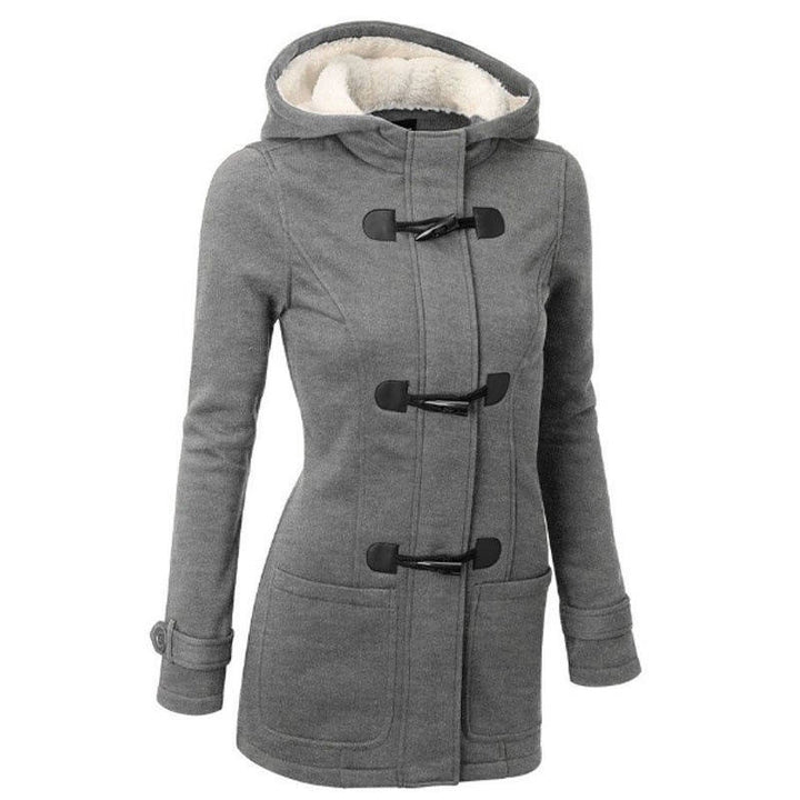 Beatrix hooded coat in light gray, front view