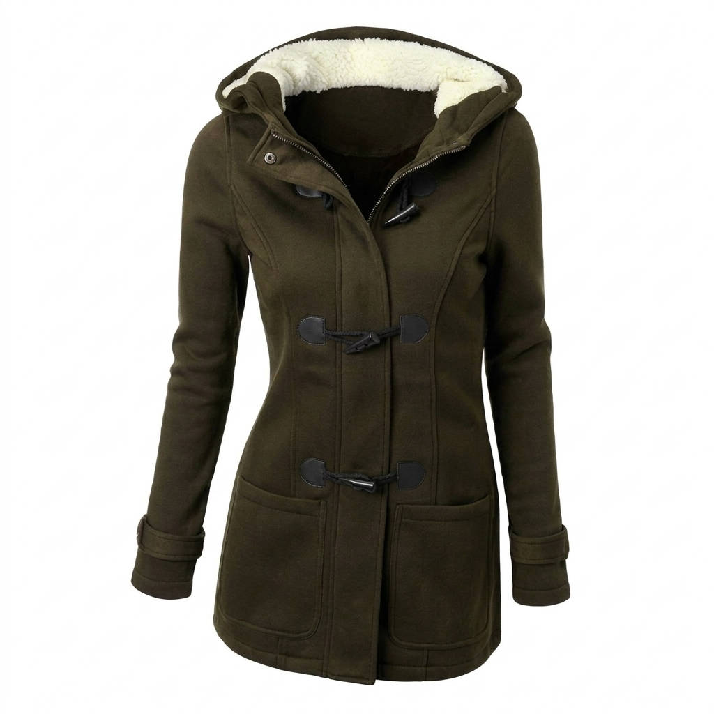 Beatrix hooded coat in military green, front view