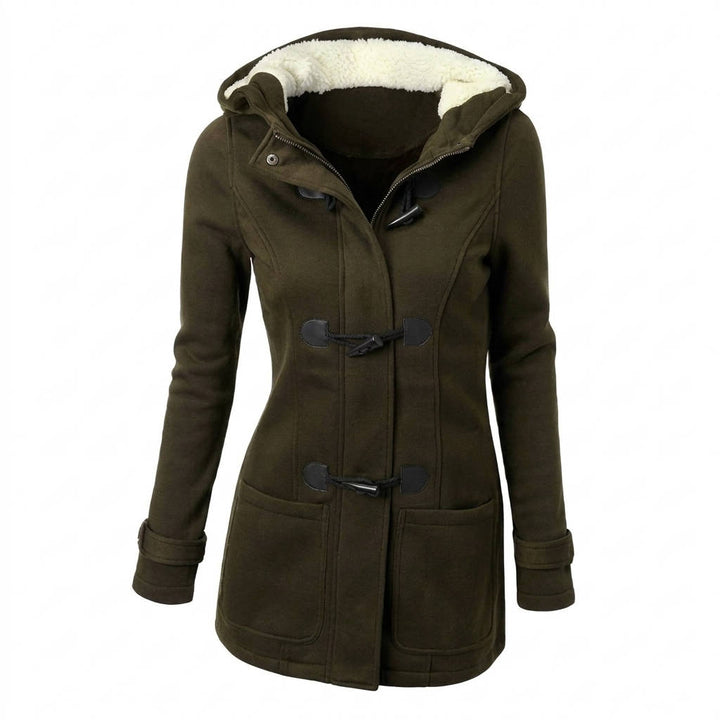 Beatrix hooded coat in military green, front view