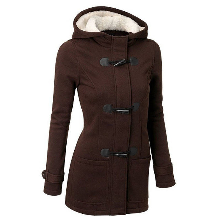 Beatrix hooded coat in coffee brown, front view