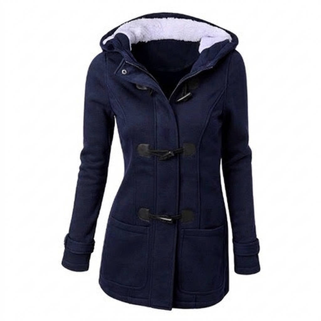 Beatrix hooded coat in dark blue, front view