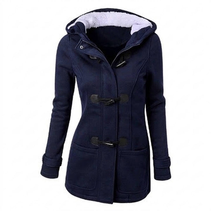Beatrix hooded coat in dark blue, front view