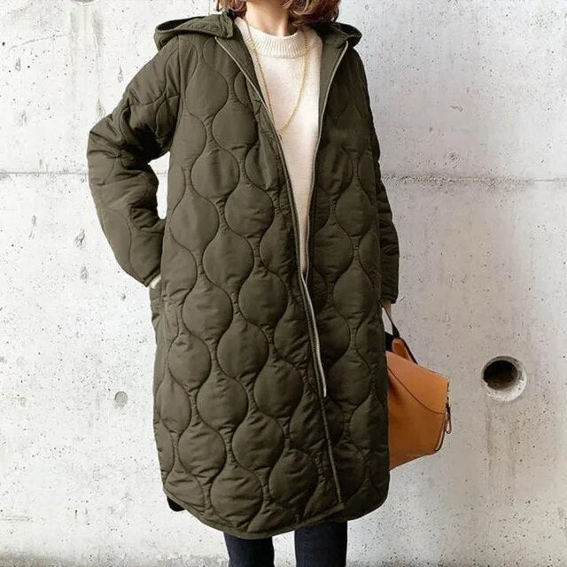 Beatrix quilted hooded longline parka in olive green, front view with bag