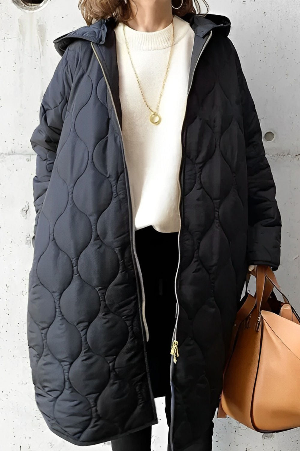 Beatrix quilted hooded longline parka, close-up of zipper and quilted texture