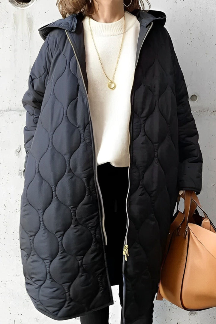 Beatrix quilted hooded longline parka, close-up of zipper and quilted texture
