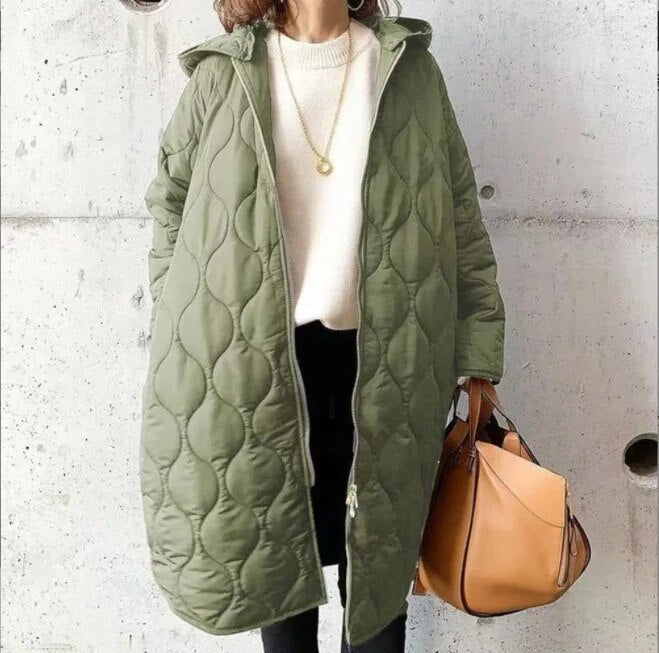 Beatrix quilted hooded longline parka in sage green, front view with bag
