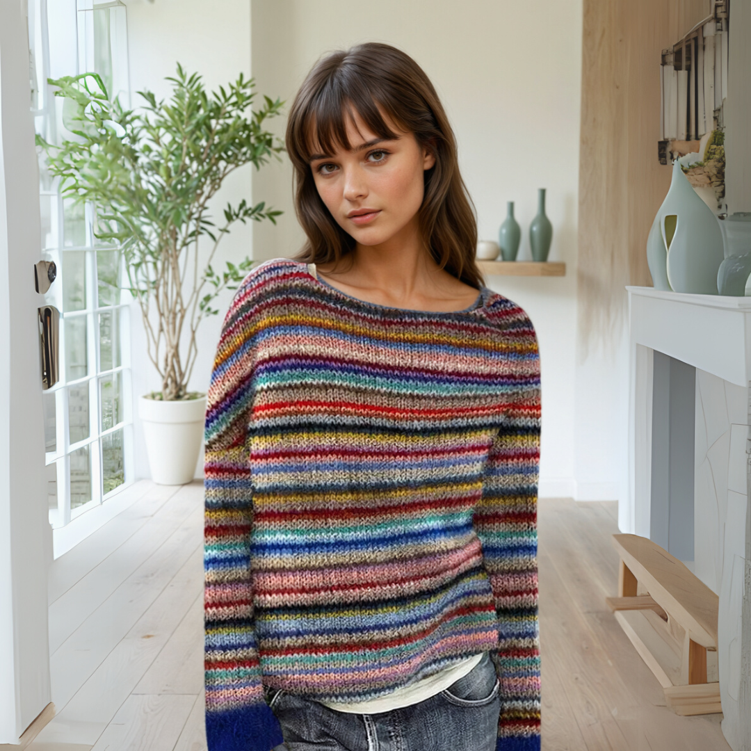 Beatrix multicolor striped boat neck sweater, front view with blue cuffs