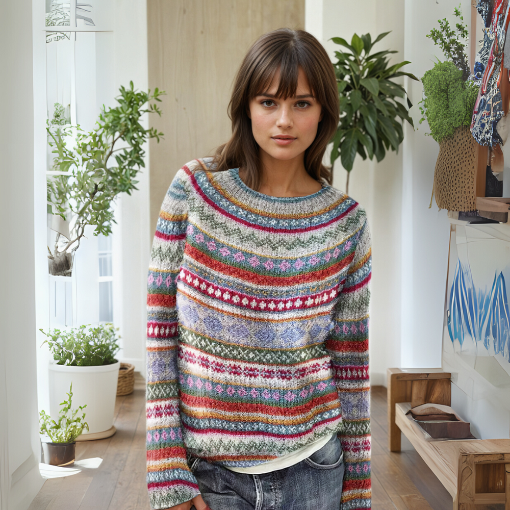 Beatrix striped fair isle pattern sweater, front view with jeans