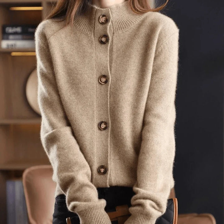 Bellamy beige knit cardigan with fold-over collar, close-up detail