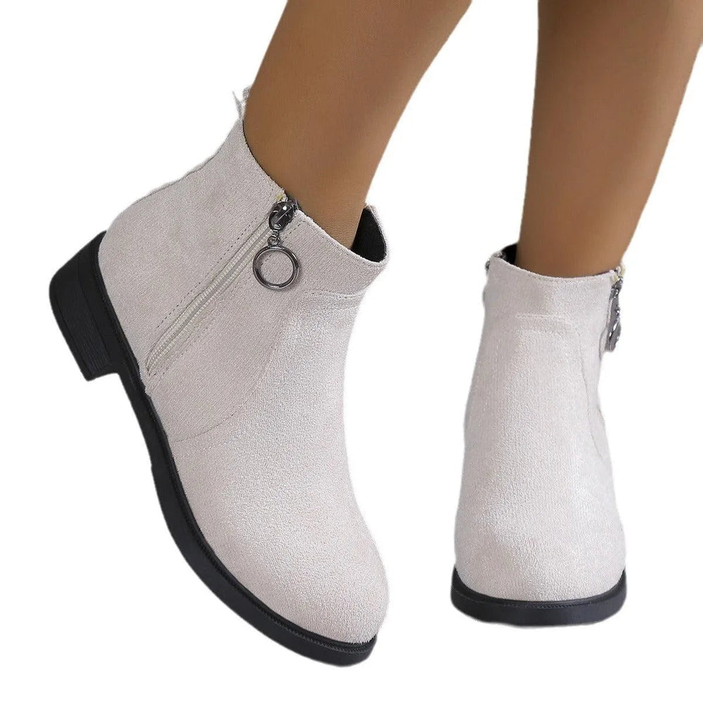 Bettina cream ankle boots with round toe and chunky heel, side view