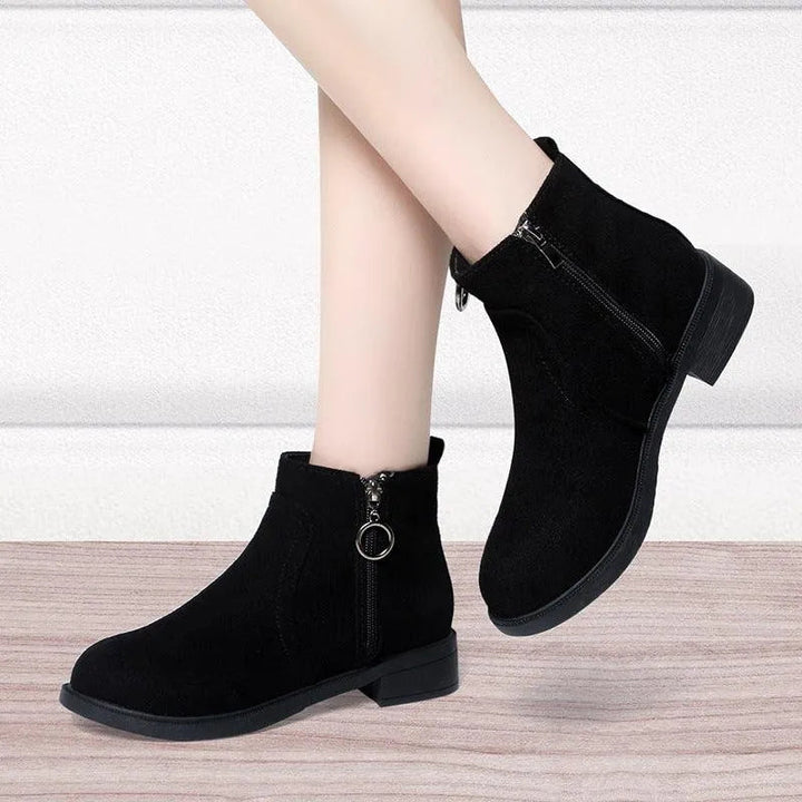 Bettina black ankle boots with side zip detail, front view