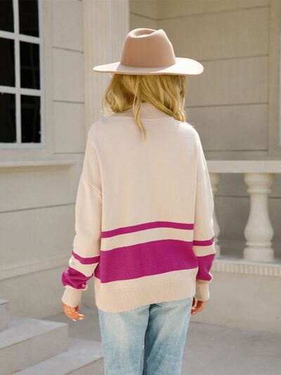 Bexley colorblock quarter zip striped sweater, back view in cream and magenta