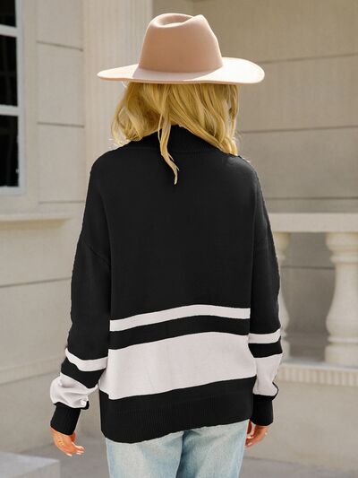 Bexley colorblock quarter zip striped sweater, back view in black and white