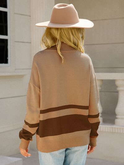 Bexley colorblock quarter zip striped sweater, back view in camel and brown