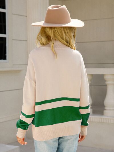 Bexley colorblock quarter zip striped sweater, back view in cream and green