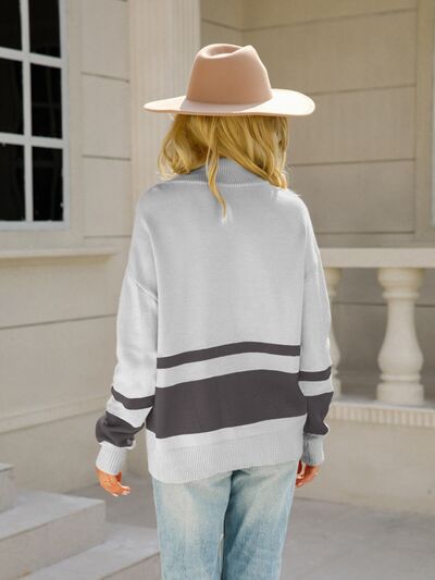Bexley colorblock quarter zip striped sweater, back view in gray