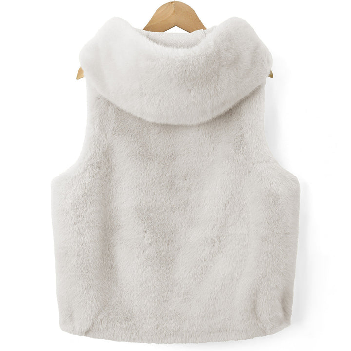 Bexley hooded fleece vest, back view on hanger