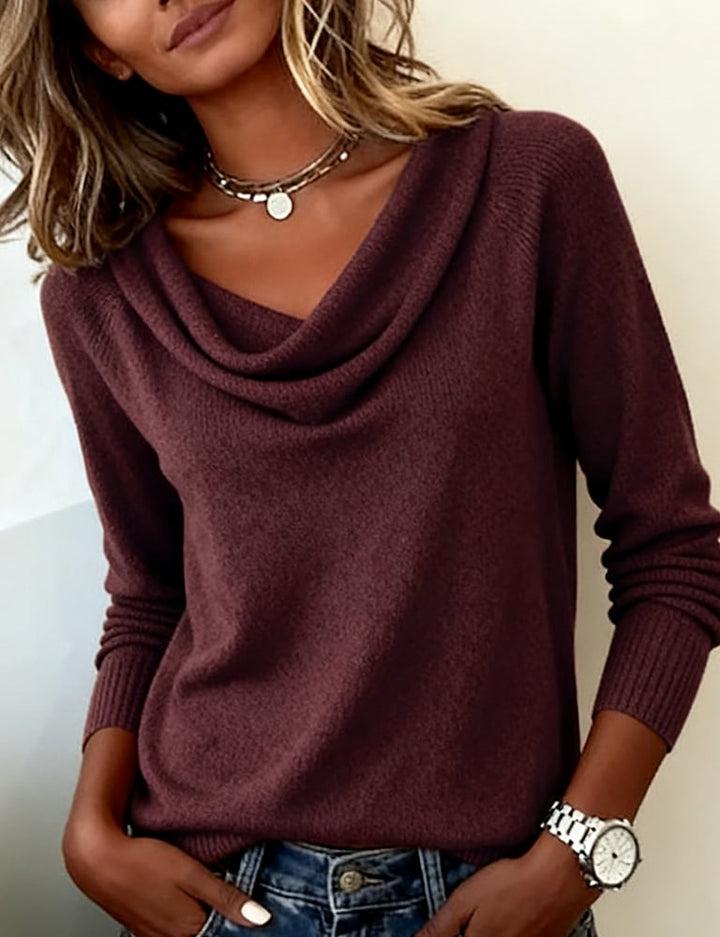 Bianca cowl neck long sleeve sweater in dark purple, front view