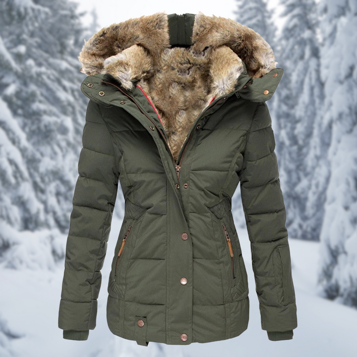 Bianca faux fur hooded quilted puffer jacket in olive green, front view zipped up