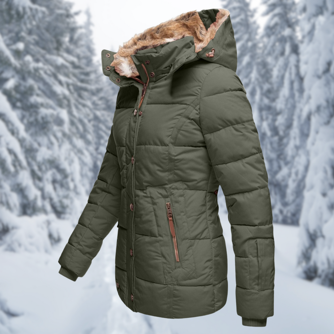 Bianca faux fur hooded quilted puffer jacket in olive green, side angle view