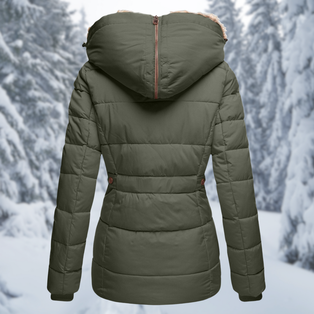 Bianca quilted puffer jacket in olive green, back view with hood up